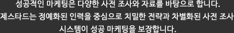 성공적인 마케팅은 다양한 사전 조사와 자료를 바탕으로 합니다.제스타드는 정예화된 인력을 중심으로 치밀한 전략과 차별화된 사전 조사 시스템이 성공 마케팅을 보장합니다.